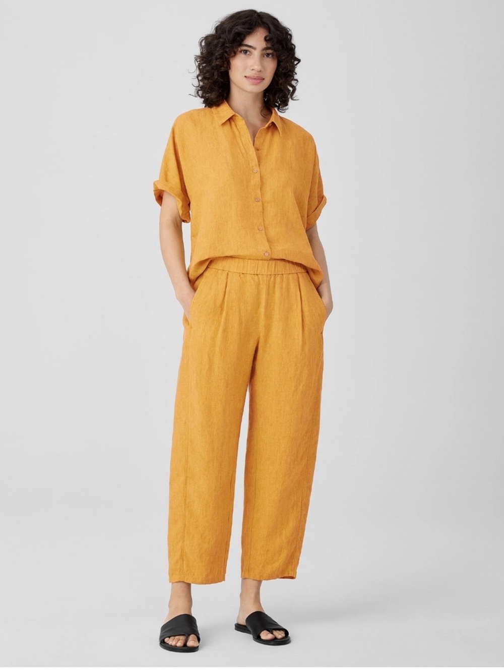 Eileen Fisher Casual 100% Linen Cropped Lantern Pants Mustard Yellow Women's XL